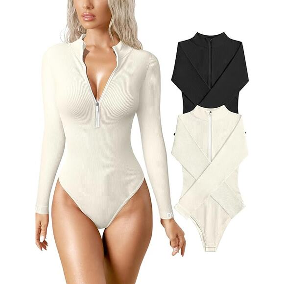OQQ Ladies 2 Pk. Ivory & Black Quarter Zip Long Sleeve Mock Neck Bodysuit, Large - Picture 1 of 6